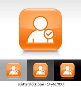 User icon set. Orange color glossy web button with white sign. Rounded square shape with shadow, reflection on white, gray, black background. Vector illustration design element 8 eps 