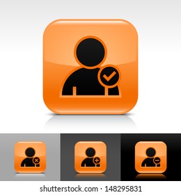 User icon set. Orange color glossy web button with black sign. Rounded square shape with shadow, reflection on white, gray, black background. Vector illustration design element 8 eps 