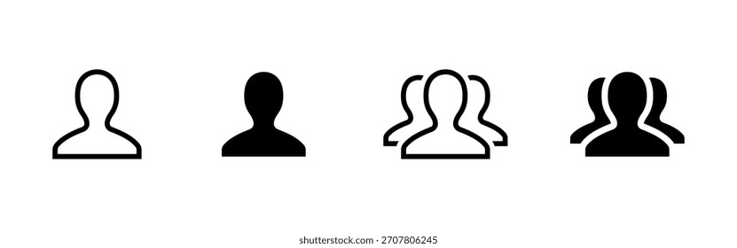 Icono de usuario. La silueta humana simple marca un Vector de perfil de persona. Las variantes de grupo y equipo muestran roles comunitarios y pictogramas de concepto de identidad de audiencia social.