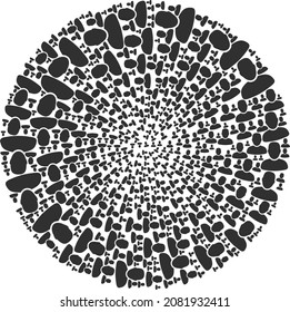 Das Benutzersymbol dreht rund um das Mosaik. Die Benutzersymbole sind in das Globula-Twirl-Design-Konzept verstreut. Abstraktes, rund um Globula Mosaik, erstellt aus normalen Benutzersymbolen.