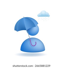 El icono del usuario con un paraguas aislado en un fondo claro con una nube de otoño con gotas de lluvia. Vector 3D Ilustración.