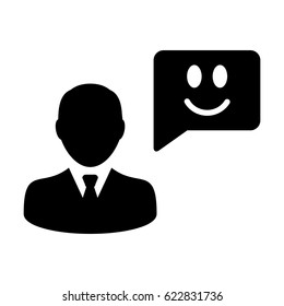 User Icon - Vector Person Profile Avatar With Happy Customer Satisfaction and Feedback with Smile Symbol on Message Bubble Glyph Pictogram illustration