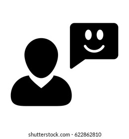 User Icon - Vector Person Profile Avatar With Happy Customer Satisfaction and Feedback with Smile Symbol on Message Bubble Glyph Pictogram illustration