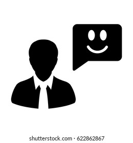 User Icon - Vector Person Profile Avatar With Happy Customer Satisfaction and Feedback with Smile Symbol on Message Bubble Glyph Pictogram illustration