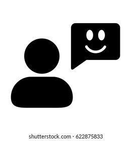 User Icon - Vector Person Profile Avatar With Happy Customer Satisfaction And Feedback With Smile Symbol On Message Bubble Glyph Pictogram Illustration