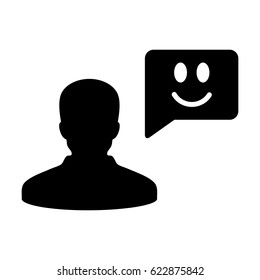 User Icon - Vector Person Profile Avatar With Happy Customer Satisfaction and Feedback with Smile Symbol on Message Bubble Glyph Pictogram illustration
