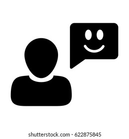 User Icon - Vector Person Profile Avatar With Happy Customer Satisfaction and Feedback with Smile Symbol on Message Bubble Glyph Pictogram illustration