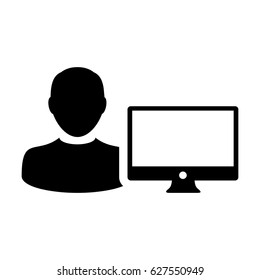 User Icon - Vector Person Profile Avatar With Computer Monitor Glyph Pictogram illustration