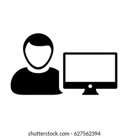 User Icon - Vector Person Profile Avatar With Computer Monitor Glyph Pictogram illustration