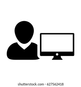 User Icon - Vector Person Profile Avatar With Computer Monitor Glyph Pictogram illustration