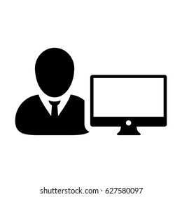 User Icon - Vector Person Profile Avatar With Computer Monitor Glyph Pictogram illustration