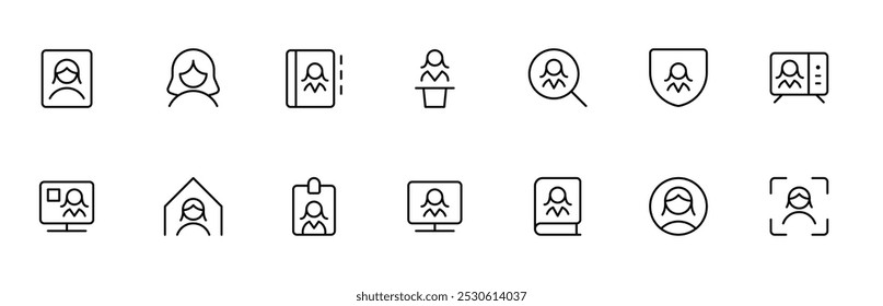 Benutzersymbol, Vektorsatz für das Benutzersymbol der Frau. Profil und Menschen Silhouette Sammlung. Bearbeitbarer Strich. und Geeignet für Web Page, Mobile App, UI, UX-Design.