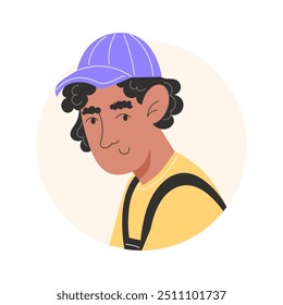 Icono del usuario con el hombre joven con el pelo rizado negro y el casquillo en estilo plano