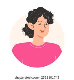 User icon of young  woman with curly black hair in flat style