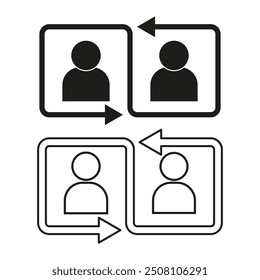 User icons with arrows. Exchange or transfer concept. Simple outline figures. Vector graphic.