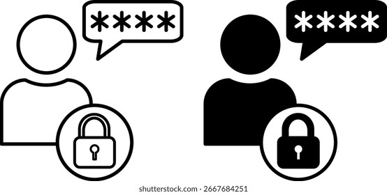 Iconos de usuario. Ilustración vectorial En Blanco Y Negro. Persona Que Interactúa Con Un Sistema Informático, Software O Sitio web. Concepto De Contraseña Y Seguridad De Datos