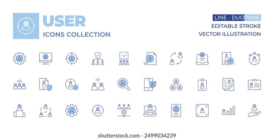 User icons collection. Line Duotone style, editable stroke. user, support, team, network, data collection, business, change, search, id card, headhunting, login, first, file, focus.