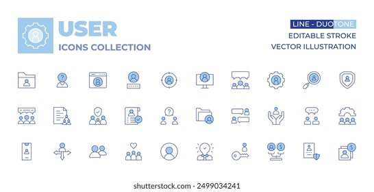 Colección de iconos de usuario. Línea estilo Duotone, carrera editable. usuario, aprobado, perfil, datos, reunión de equipo, comunicaciones, idea, amigos, cliente feliz, igualdad, familia, humanitario.