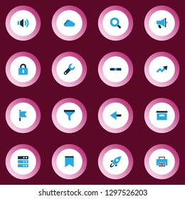 User icons colored set with bookmark, back, announcement and other storage elements. Isolated vector illustration user icons.