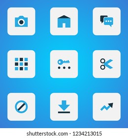 User icons colored set with camera, trend, privacy and other house elements. Isolated vector illustration user icons.