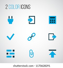 User icons colored set with checkmark, exit, link and other socket elements. Isolated vector illustration user icons.