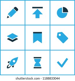 User icons colored set with checkmark, edit, launch and other level elements. Isolated vector illustration user icons.