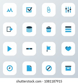 User icons colored set with exit, attach, list and other storage elements. Isolated vector illustration user icons.