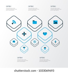 User icons colored set with feed, filter, folder and other mike elements. Isolated vector illustration user icons.