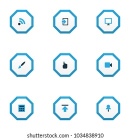 User icons colored set with feed, video, brush and other upload elements. Isolated vector illustration user icons.