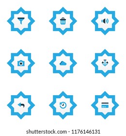 User icons colored set with filter, trash can, cloud and other volume elements. Isolated vector illustration user icons.