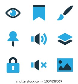 User icons colored set with layer, eye, sound and other vision elements. Isolated vector illustration user icons.