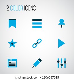 User icons colored set with link, browser, edit and other equalizer elements. Isolated vector illustration user icons.
