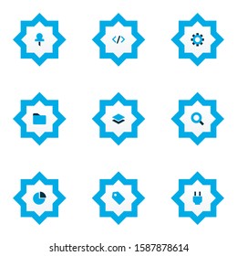 User icons colored set with pin, code, diagram and other badge elements. Isolated vector illustration user icons.