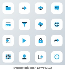 User icons colored set with play, stopwatch, folder and other start elements. Isolated vector illustration user icons.