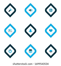 Iconos de usuario coloreados con energía encendida, corazón, base de datos y otros elementos sirenas. Iconos de usuario de ilustraciones vectoriales aisladas.