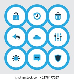 User icons colored set with stabilizer, chatting, trash can and other storage elements. Isolated vector illustration user icons.