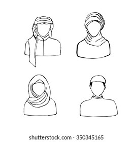 User icons. Female and male abstract muslim  avatars. Sketch illustration.
