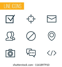 User icons line style set with forbidden, note, tag and other code elements. Isolated vector illustration user icons.