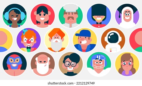 User icons of men and women of different nationalities on multicolor background, People avatars set, Happy users in circles, Different round face profiles, Flat vector avatars