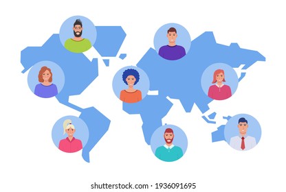 User icons on the background of the world map. Teamwork concept around the world. Vector.