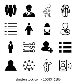 User icons. set of 16 editable filled and outline user icons such as group, menu, add friend, businessman, slider, jacket, call, worker, man with case