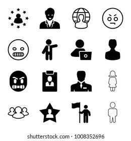 User icons. set of 16 editable filled and outline user icons such as businessman, man with laptop, man with flag, angry emot, group, man, woman