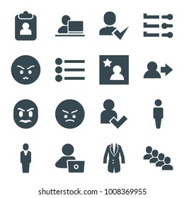 User icons. set of 16 editable filled user icons such as man, man with laptop, angry emot, clipboard, slider, jacket, favorite photo, group