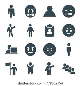 User icons. set of 16 editable filled user icons such as man, businessman, man with case, angry emot, user, clipboard