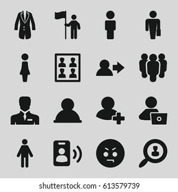 User icons set. set of 16 user filled icons such as woman, man with laptop, angry emot, businessman, add friend, jacket, photo for passport, call, man with flag