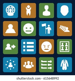User icons set. set of 16 user filled icons such as face, group, angry emot, jacket, photo for passport, man, man with flag, menu