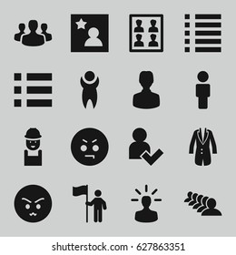 User icons set. set of 16 user filled icons such as group, worker, angry emot, menu, jacket, photo for passport, favorite photo, man