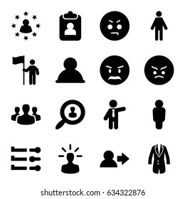 User icons set. set of 16 user filled icons such as businessman, angry emot, jacket, man with flag, clipboard, man