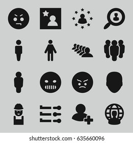 User icons set. set of 16 user filled icons such as face, man, group, worker, angry emot, add friend, favorite photo
