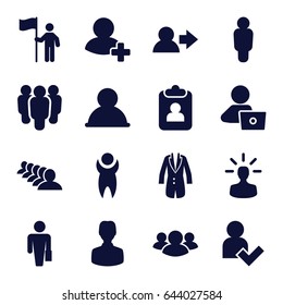 User icons set. set of 16 user filled icons such as group, man with laptop, add friend, jacket, man